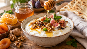 Strained matsoni with honey, walnuts, figs and mint in a ceramic bowl, served with lavash and honeycomb