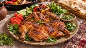 Armavir chicken tapaka: flattened golden crispy pan-fried chicken served with fresh vegetables, herb sauce and lavash