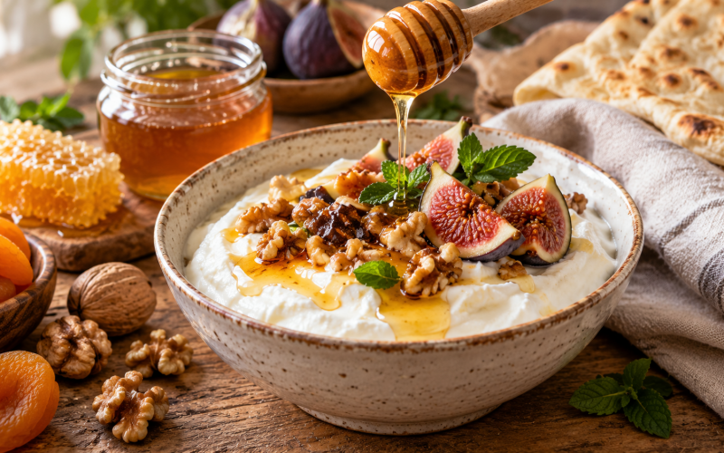 Strained matsoni with honey, walnuts, figs and mint in a ceramic bowl, served with lavash and honeycomb