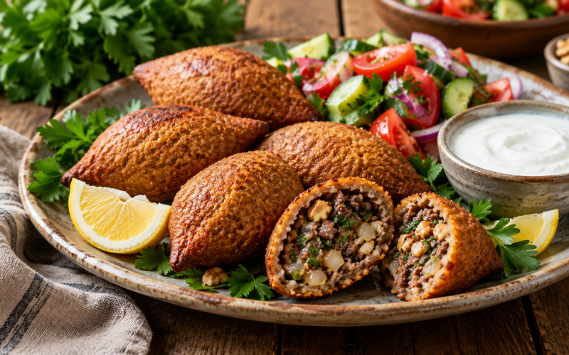 Armenian ishli kufta, stuffed bulgur meatballs, one cut open to show the meat and walnut filling, served with lemon and fresh herbs